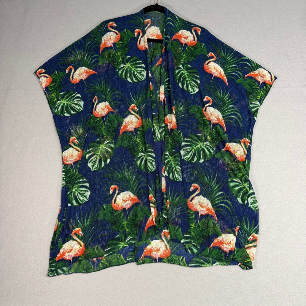 Flamingo Kimono OS Blue Tropical Monstera Leaf Open Front Swim Suit Cover Up